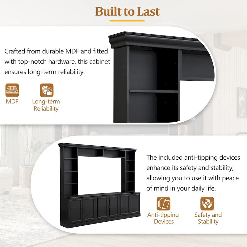 97.4W Mid-Century TV Stand with Bookshelves, Adjustable Shelf & Bridge - Entertainment Center for TVs Up to 70