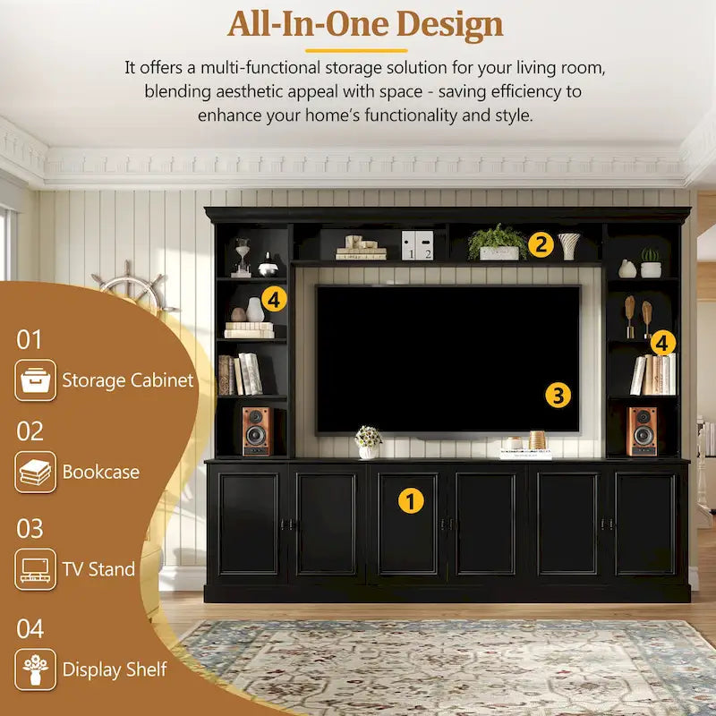 97.4W Mid-Century TV Stand with Bookshelves, Adjustable Shelf & Bridge - Entertainment Center for TVs Up to 70