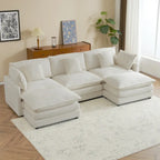 Modular Sofa Couch, Upholstered Corduroy L-Shape Sectional Sofa with Side Storage Pockets and Movable Ottoman
