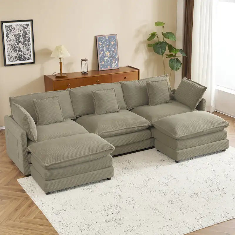 Modular Sofa Couch, Upholstered Corduroy L-Shape Sectional Sofa with Side Storage Pockets and Movable Ottoman