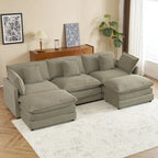 Modular Sofa Couch, Upholstered Corduroy L-Shape Sectional Sofa with Side Storage Pockets and Movable Ottoman