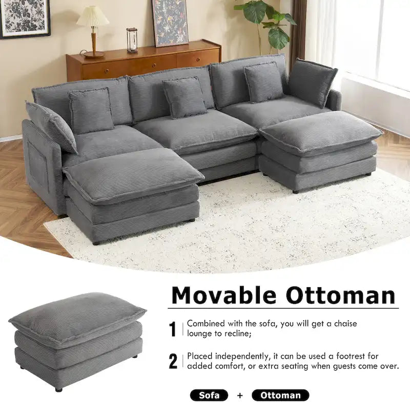 Modular Sofa Couch, Upholstered Corduroy L-Shape Sectional Sofa with Side Storage Pockets and Movable Ottoman
