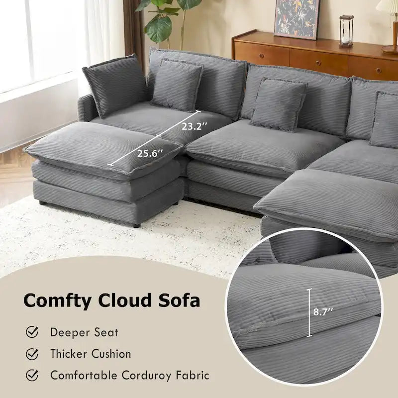 Modular Sofa Couch, Upholstered Corduroy L-Shape Sectional Sofa with Side Storage Pockets and Movable Ottoman