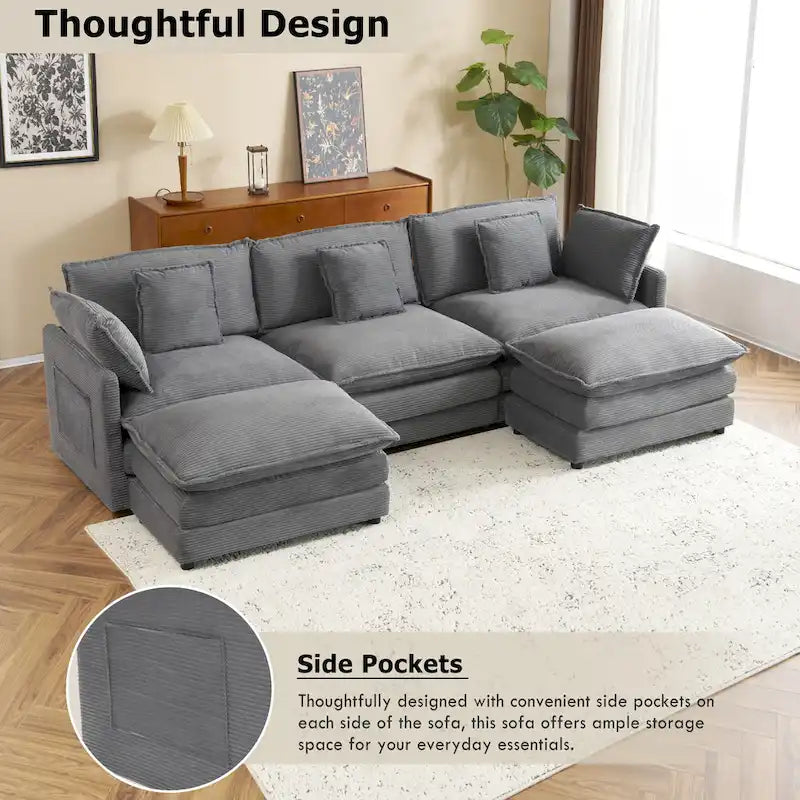 Modular Sofa Couch, Upholstered Corduroy L-Shape Sectional Sofa with Side Storage Pockets and Movable Ottoman