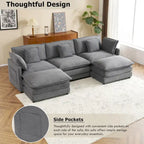 Modular Sofa Couch, Upholstered Corduroy L-Shape Sectional Sofa with Side Storage Pockets and Movable Ottoman