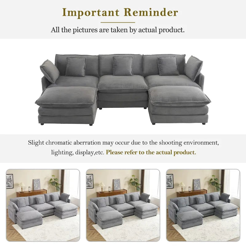 Modular Sofa Couch, Upholstered Corduroy L-Shape Sectional Sofa with Side Storage Pockets and Movable Ottoman