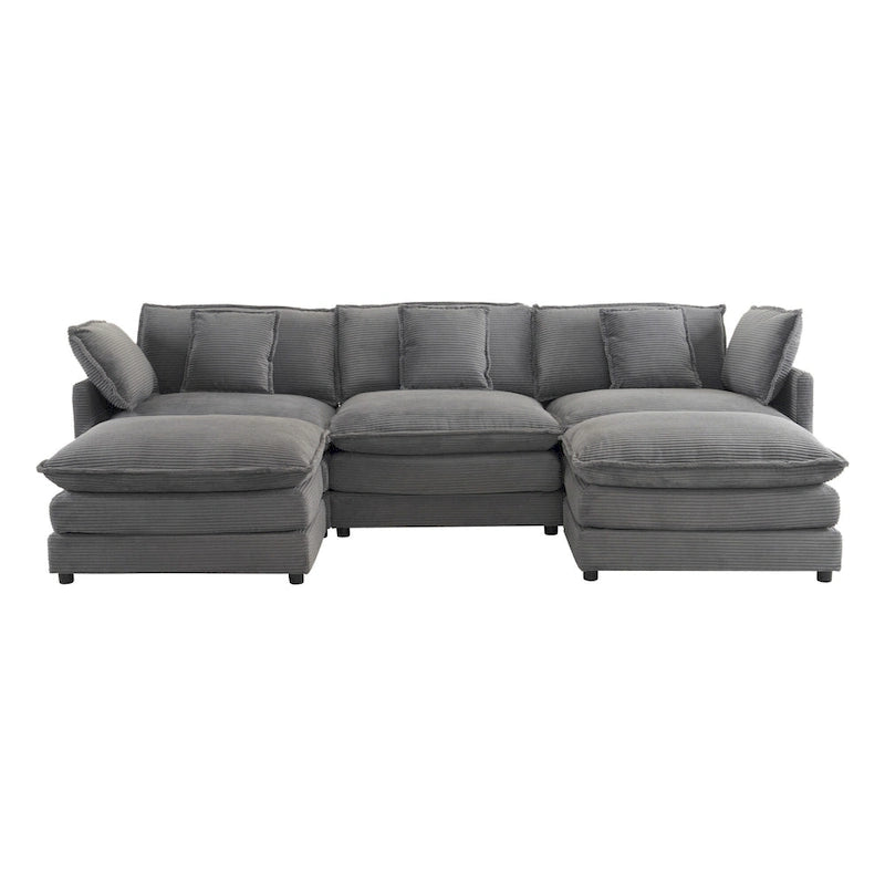 Modular Sofa Couch, Upholstered Corduroy L-Shape Sectional Sofa with Side Storage Pockets and Movable Ottoman