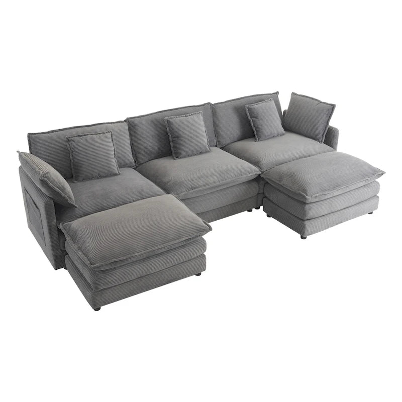 Modular Sofa Couch, Upholstered Corduroy L-Shape Sectional Sofa with Side Storage Pockets and Movable Ottoman