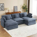 Modular Sofa Couch, Upholstered Corduroy L-Shape Sectional Sofa with Side Storage Pockets and Movable Ottoman
