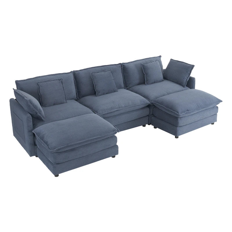 Modular Sofa Couch, Upholstered Corduroy L-Shape Sectional Sofa with Side Storage Pockets and Movable Ottoman