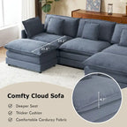 Modular Sofa Couch, Upholstered Corduroy L-Shape Sectional Sofa with Side Storage Pockets and Movable Ottoman