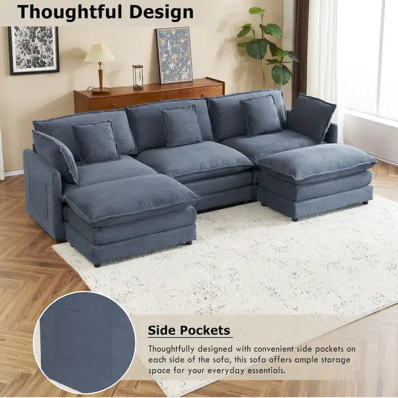 Modular Sofa Couch, Upholstered Corduroy L-Shape Sectional Sofa with Side Storage Pockets and Movable Ottoman