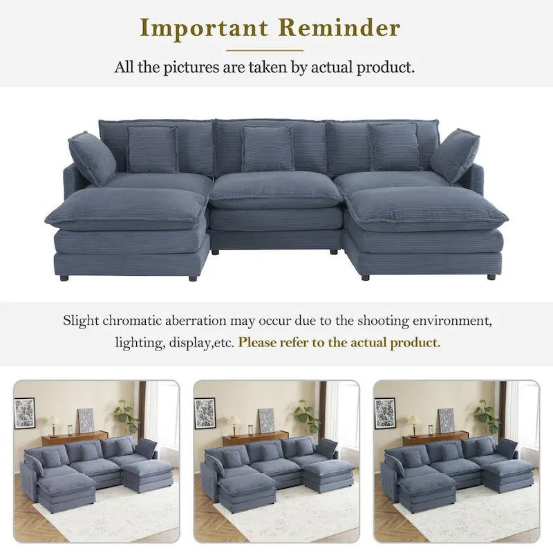 Modular Sofa Couch, Upholstered Corduroy L-Shape Sectional Sofa with Side Storage Pockets and Movable Ottoman