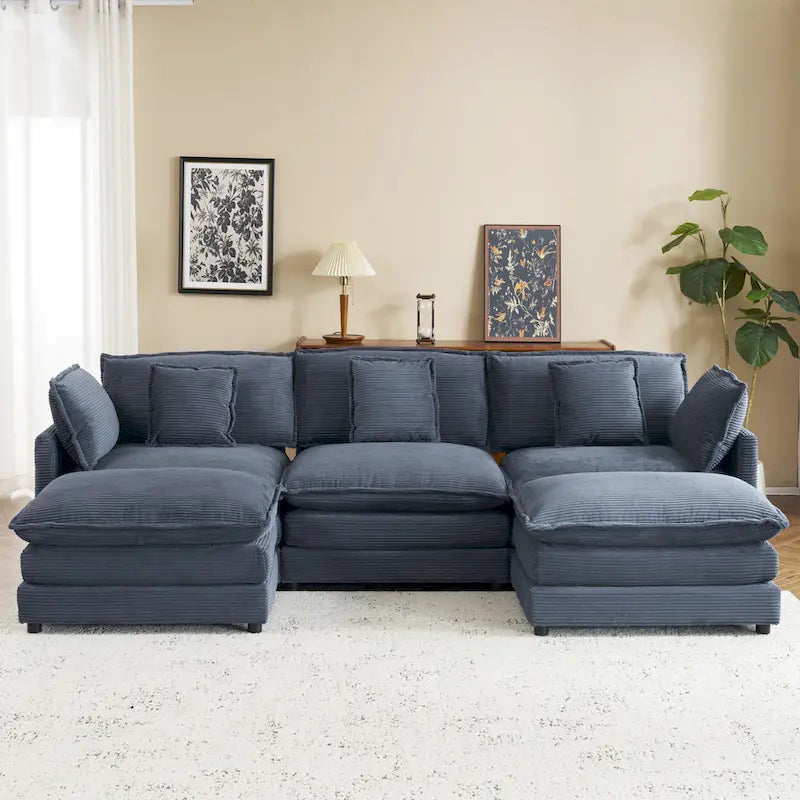 Modular Sofa Couch, Upholstered Corduroy L-Shape Sectional Sofa with Side Storage Pockets and Movable Ottoman