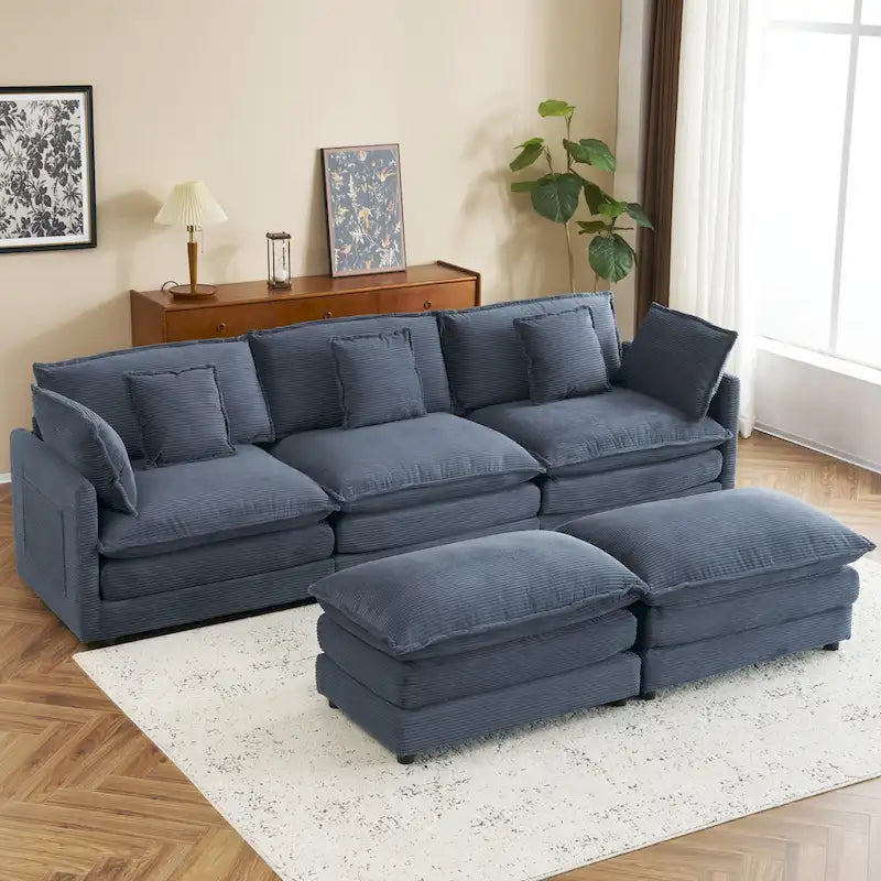 Modular Sofa Couch, Upholstered Corduroy L-Shape Sectional Sofa with Side Storage Pockets and Movable Ottoman
