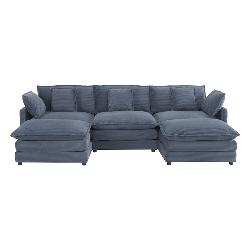 Modular Sofa Couch, Upholstered Corduroy L-Shape Sectional Sofa with Side Storage Pockets and Movable Ottoman