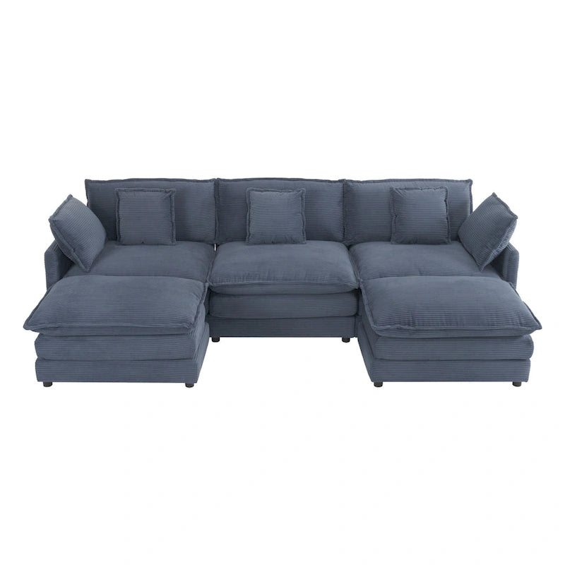 Modular Sofa Couch, Upholstered Corduroy L-Shape Sectional Sofa with Side Storage Pockets and Movable Ottoman