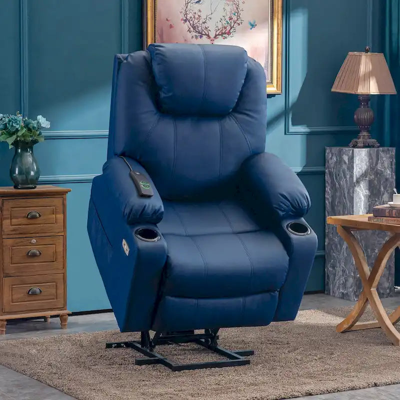 MCombo Large Power Lift Recliner Leather Chair with Massage, Heat, Cup Holders,Extended Footrest, Leather 7516