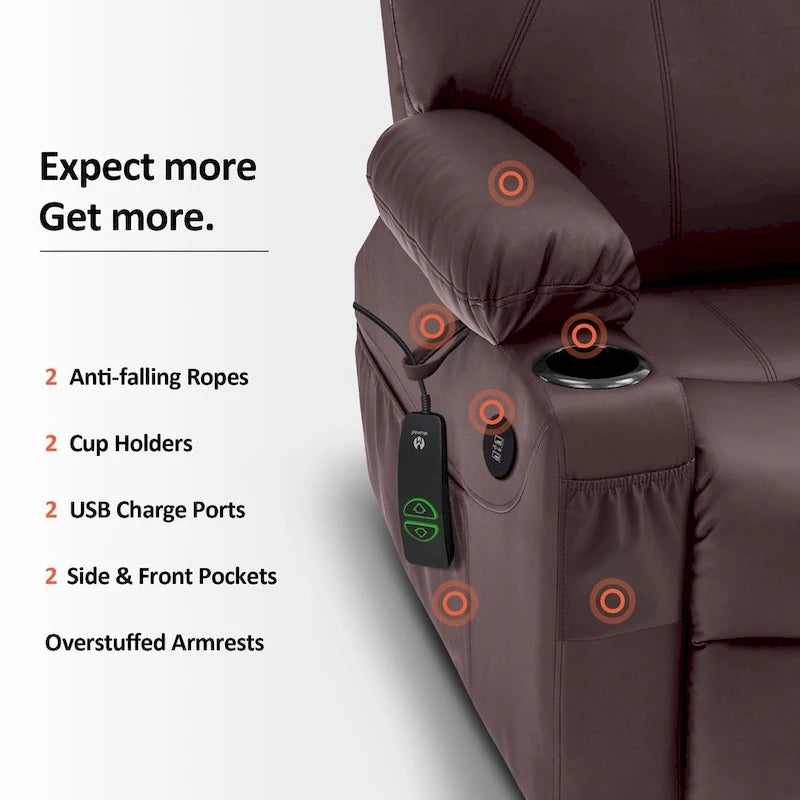 MCombo Large Power Lift Recliner Leather Chair with Massage, Heat, Cup Holders,Extended Footrest, Leather 7516