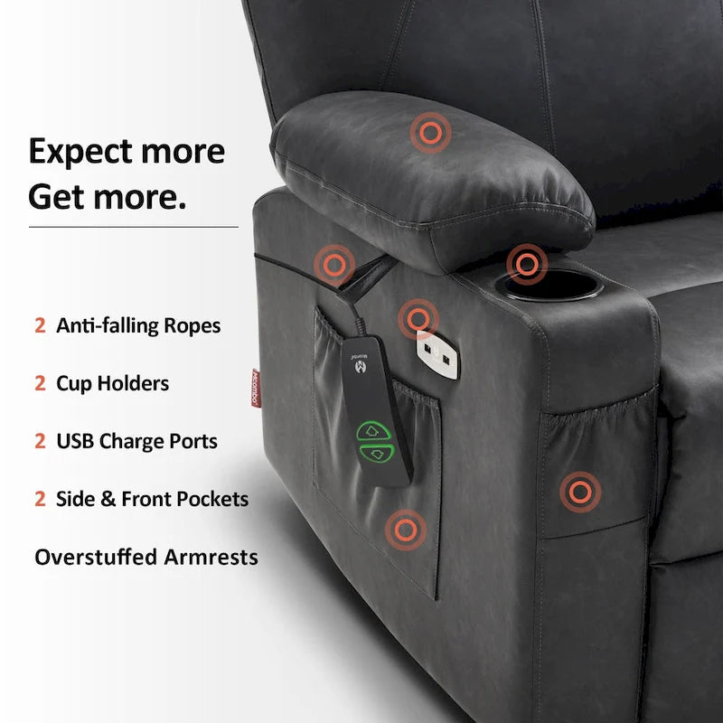 MCombo Large Power Lift Recliner Leather Chair with Massage, Heat, Cup Holders,Extended Footrest, Leather 7516