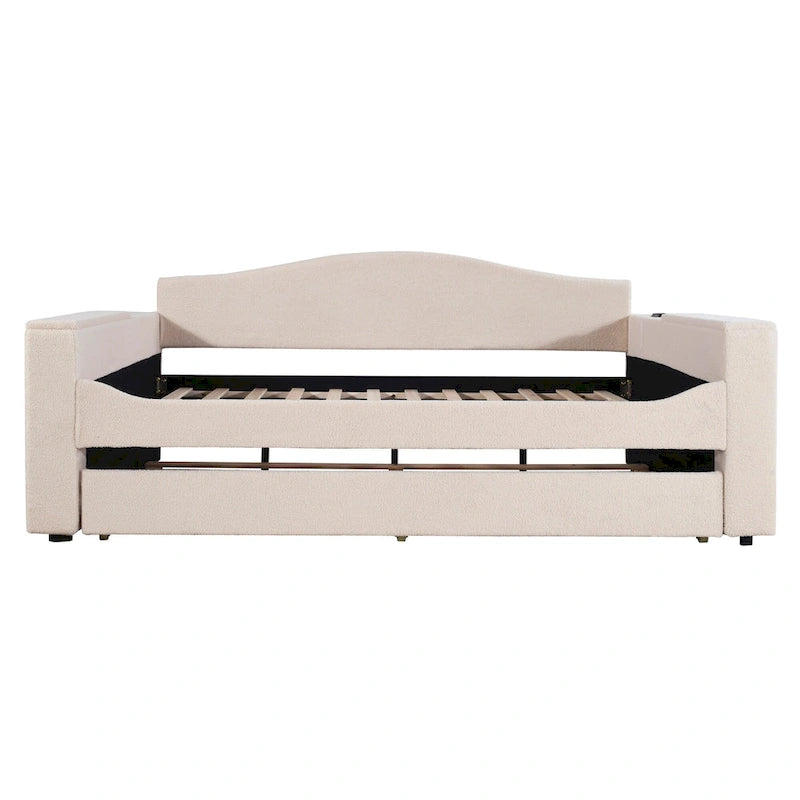 Full Size Upholstered Daybed with Storage Armrests, Trundle and Latest Integrated Bluetooth Audio System, Teddy Fleece, Pink