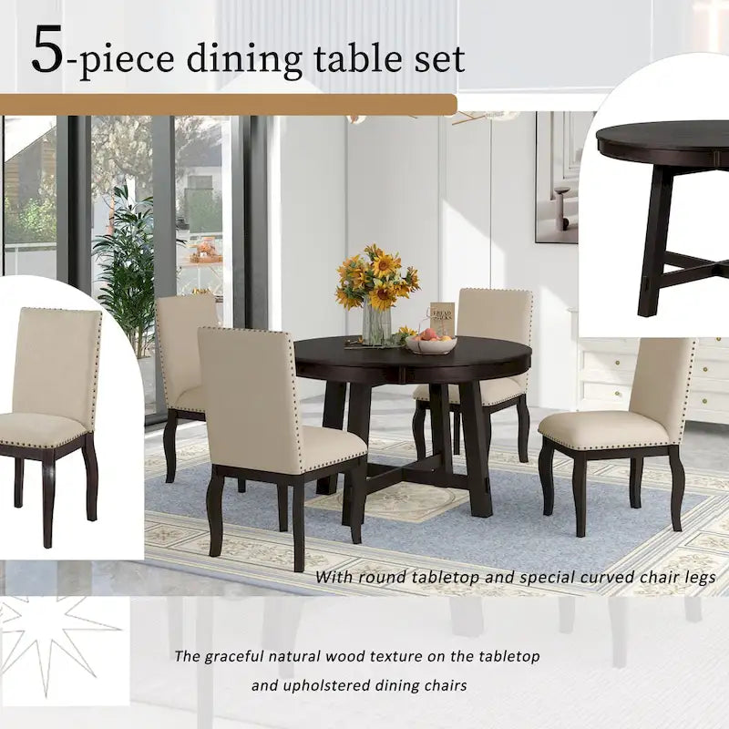 5-Piece Farmhouse Dining Table Set Wood Round Extendable Dining Table and Chair Sets with Nailheads Chairs for Dining Room