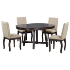 5-Piece Farmhouse Dining Table Set Wood Round Extendable Dining Table and Chair Sets with Nailheads Chairs for Dining Room
