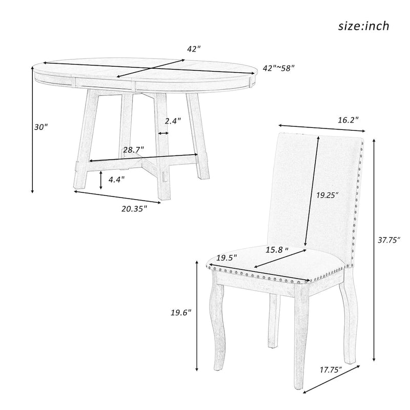 5-Piece Farmhouse Dining Table Set Wood Round Extendable Dining Table and Chair Sets with Nailheads Chairs for Dining Room