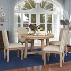 5-Piece Farmhouse Dining Table Set Wood Round Extendable Dining Table and Chair Sets with Nailheads Chairs for Dining Room