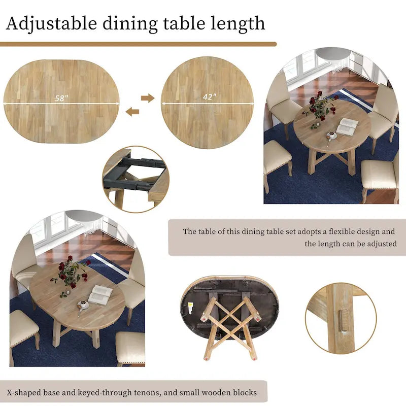 5-Piece Farmhouse Dining Table Set Wood Round Extendable Dining Table and Chair Sets with Nailheads Chairs for Dining Room