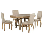 5-Piece Farmhouse Dining Table Set Wood Round Extendable Dining Table and Chair Sets with Nailheads Chairs for Dining Room