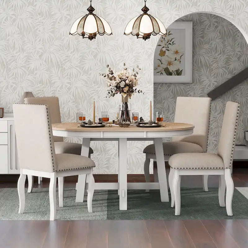 5-Piece Farmhouse Dining Table Set Wood Round Extendable Dining Table and Chair Sets with Nailheads Chairs for Dining Room