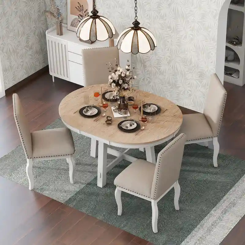 5-Piece Farmhouse Dining Table Set Wood Round Extendable Dining Table and Chair Sets with Nailheads Chairs for Dining Room