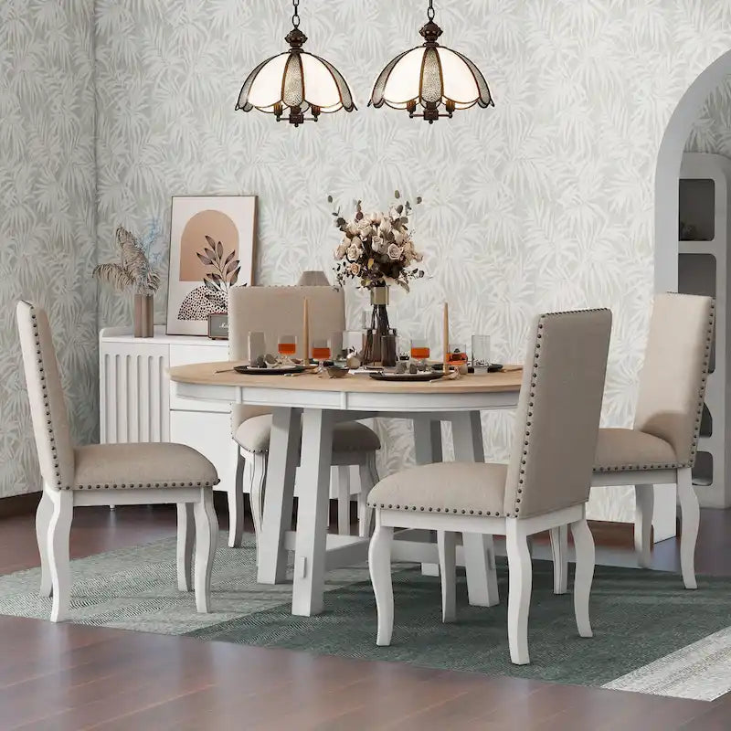 5-Piece Farmhouse Dining Table Set Wood Round Extendable Dining Table and Chair Sets with Nailheads Chairs for Dining Room