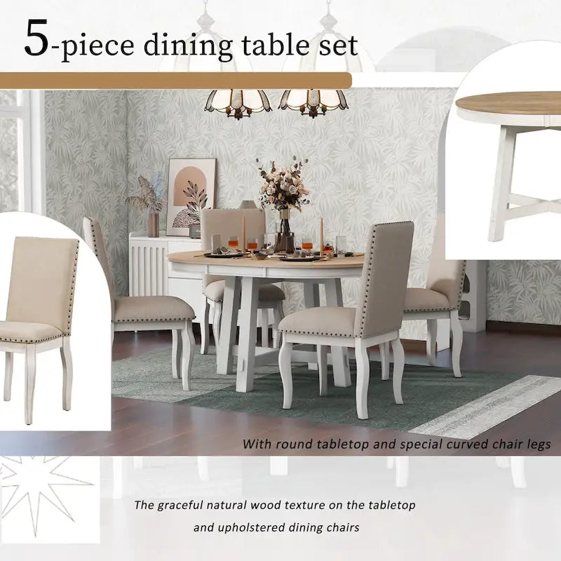 5-Piece Farmhouse Dining Table Set Wood Round Extendable Dining Table and Chair Sets with Nailheads Chairs for Dining Room