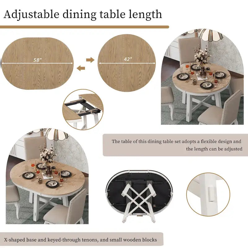 5-Piece Farmhouse Dining Table Set Wood Round Extendable Dining Table and Chair Sets with Nailheads Chairs for Dining Room