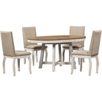 5-Piece Farmhouse Dining Table Set Wood Round Extendable Dining Table and Chair Sets with Nailheads Chairs for Dining Room