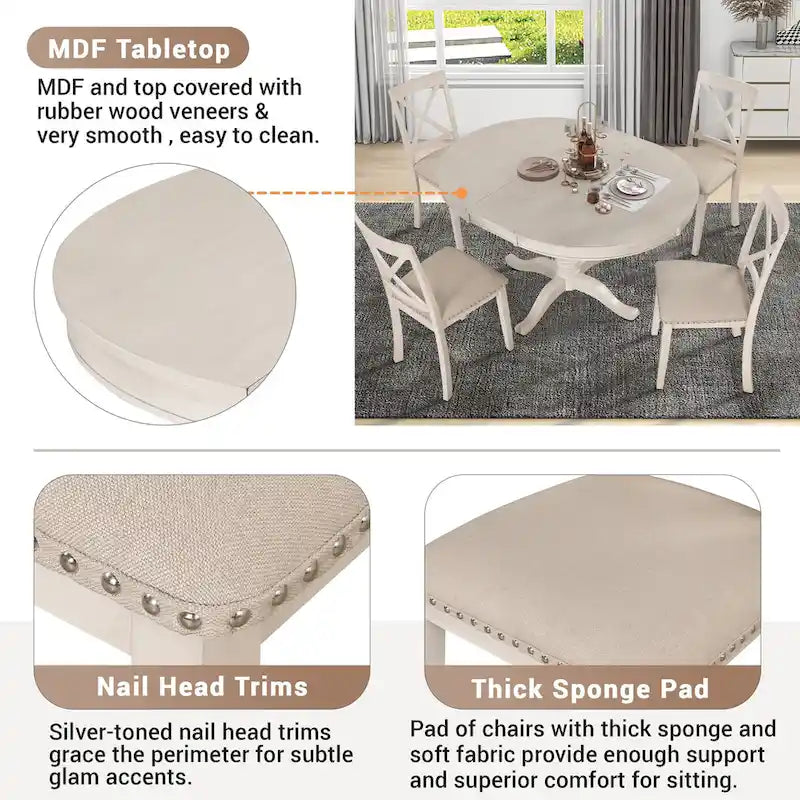 Modern Dining Table Set for 4 with Round Table and 4 Kitchen Room Chairs, 5 Piece Kitchen Table Set for Dining Room