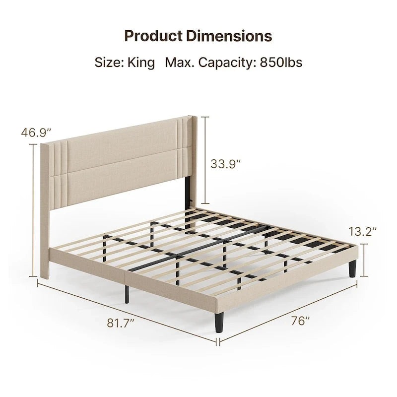 Twin/Full/Queen/King Bed Frame with Wingback Headboard, Upholstered Platform Bed