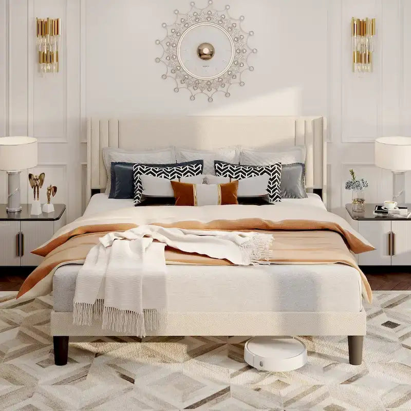 Twin/Full/Queen/King Bed Frame with Wingback Headboard, Upholstered Platform Bed