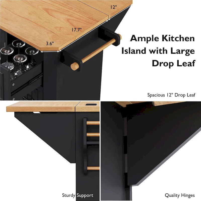 56  Kitchen Island With Drop Leaf, Rolling Kitchen Cart On Wheels, Rolling Kitchen Table with Drawers