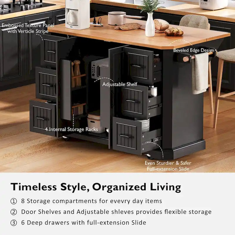 56  Kitchen Island With Drop Leaf, Rolling Kitchen Cart On Wheels, Rolling Kitchen Table with Drawers