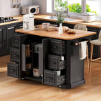 56  Kitchen Island With Drop Leaf, Rolling Kitchen Cart On Wheels, Rolling Kitchen Table with Drawers