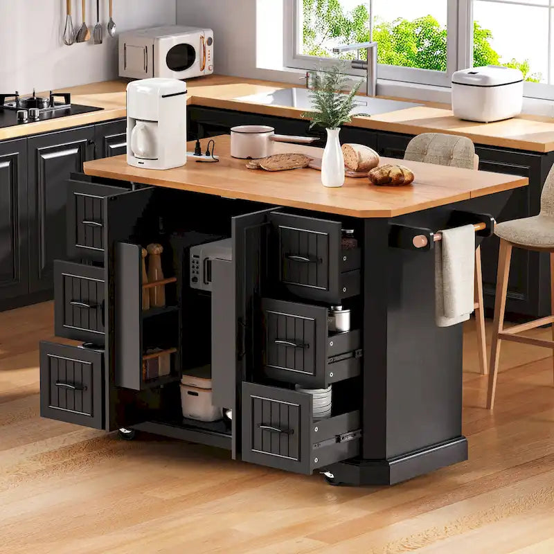 56  Kitchen Island With Drop Leaf, Rolling Kitchen Cart On Wheels, Rolling Kitchen Table with Drawers