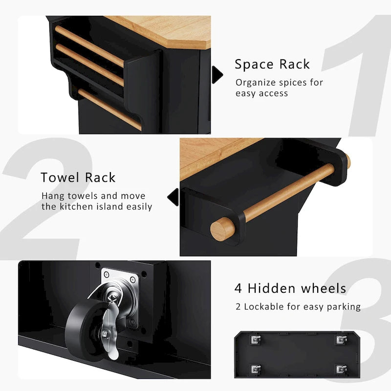 56  Kitchen Island With Drop Leaf, Rolling Kitchen Cart On Wheels, Rolling Kitchen Table with Drawers