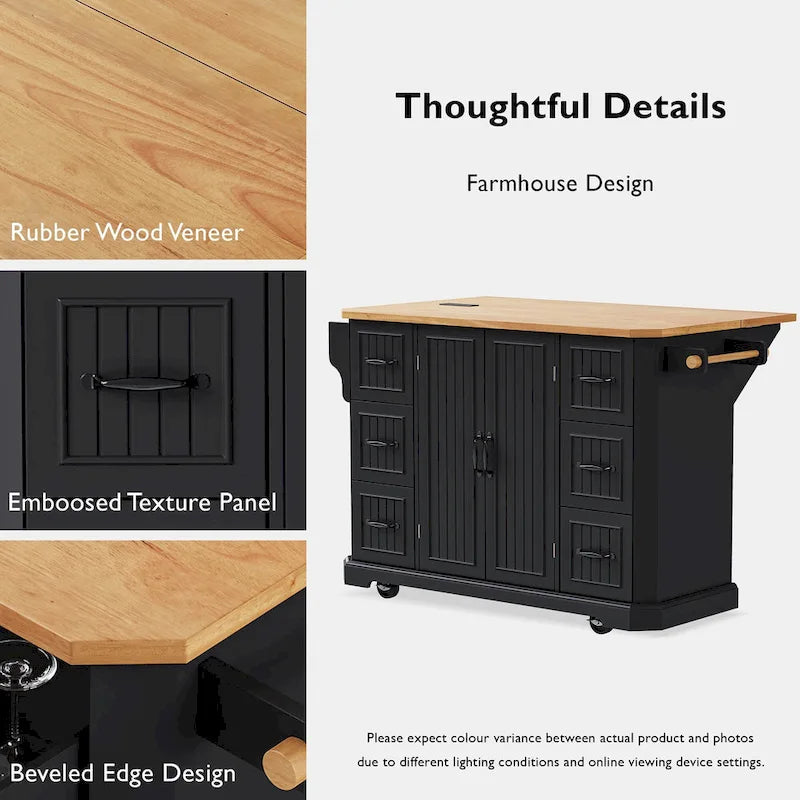 56  Kitchen Island With Drop Leaf, Rolling Kitchen Cart On Wheels, Rolling Kitchen Table with Drawers
