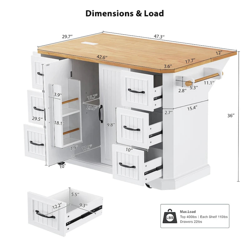 56  Kitchen Island With Drop Leaf, Rolling Kitchen Cart On Wheels, Rolling Kitchen Table with Drawers