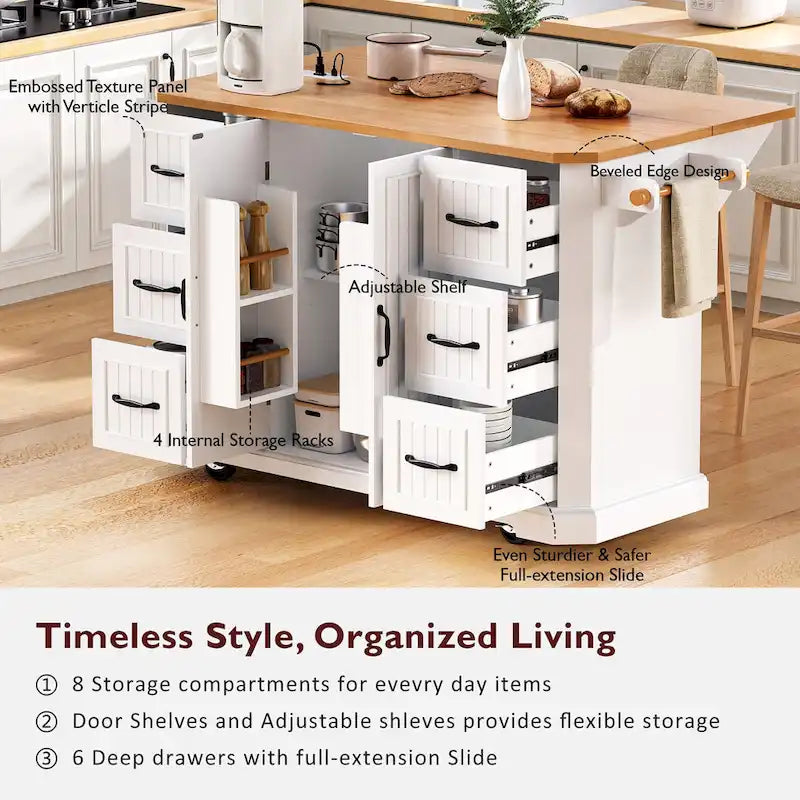 56  Kitchen Island With Drop Leaf, Rolling Kitchen Cart On Wheels, Rolling Kitchen Table with Drawers