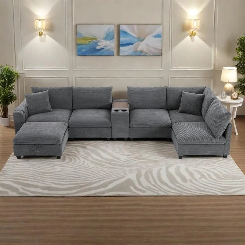 140 Corduroy U-Shaped Modular Sectional Sofa with Storage Ottoman & Console,and USB Charger, Cup Holders & 30 Wide Seats