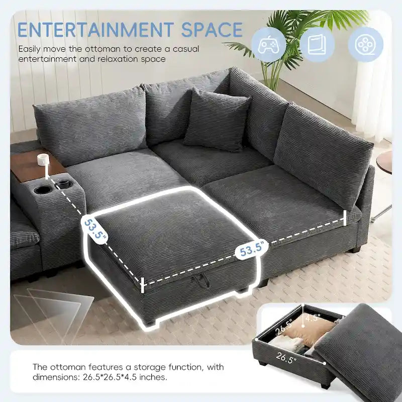 140 Corduroy U-Shaped Modular Sectional Sofa with Storage Ottoman & Console,and USB Charger, Cup Holders & 30 Wide Seats